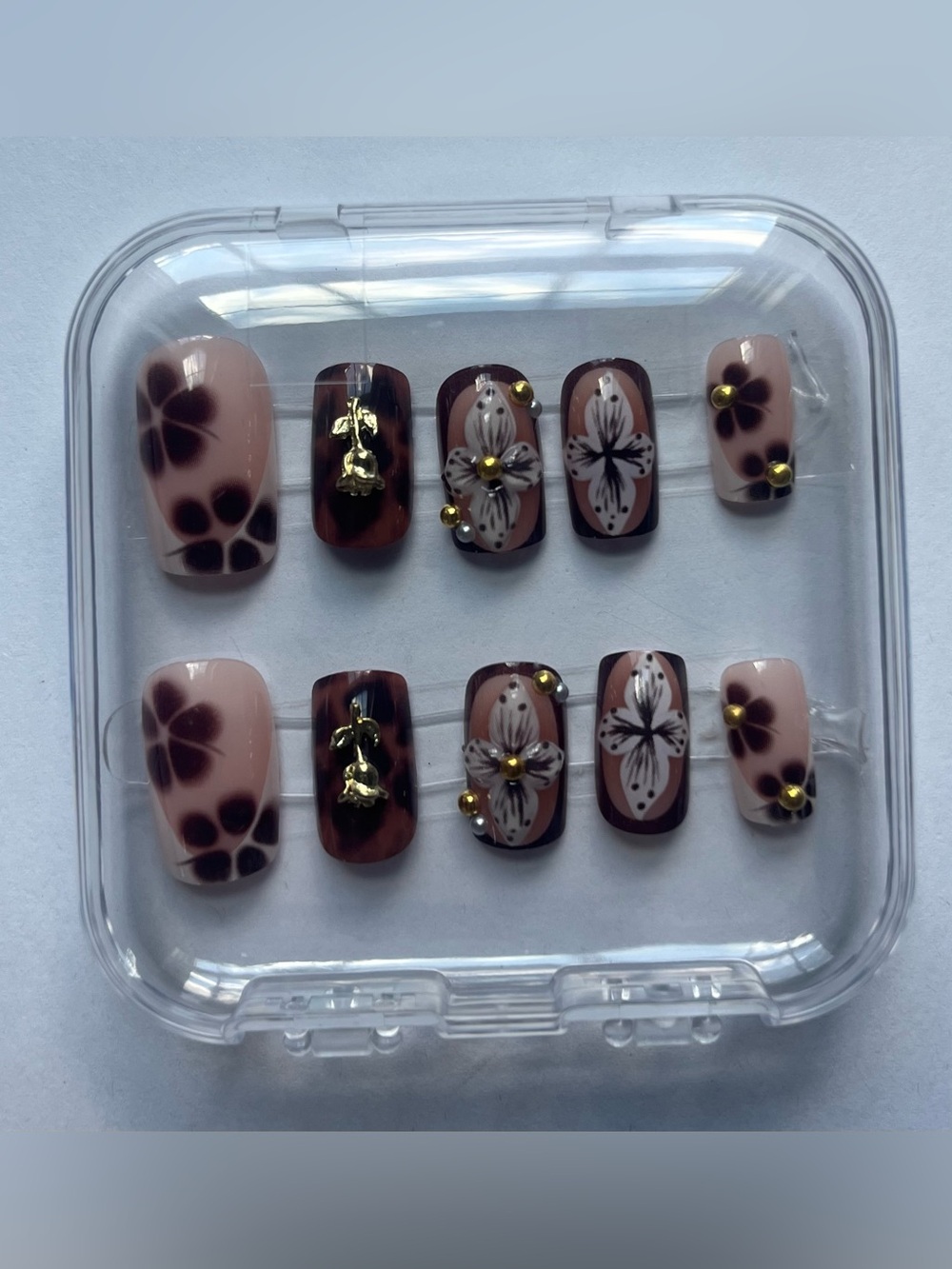 Floral Nude & Brown Press-On Nail Set with Gold Accents